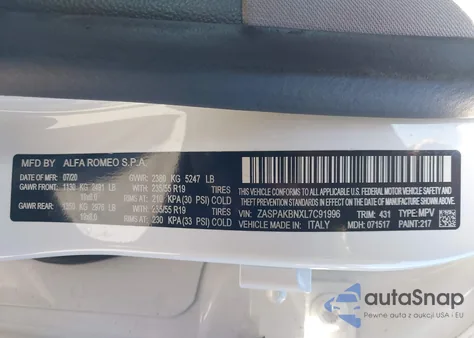 2020 Alfa Romeo Stelvio Ti Awd z USA, uszkodzony, nr VIN ZASPAKBNXL7C91996